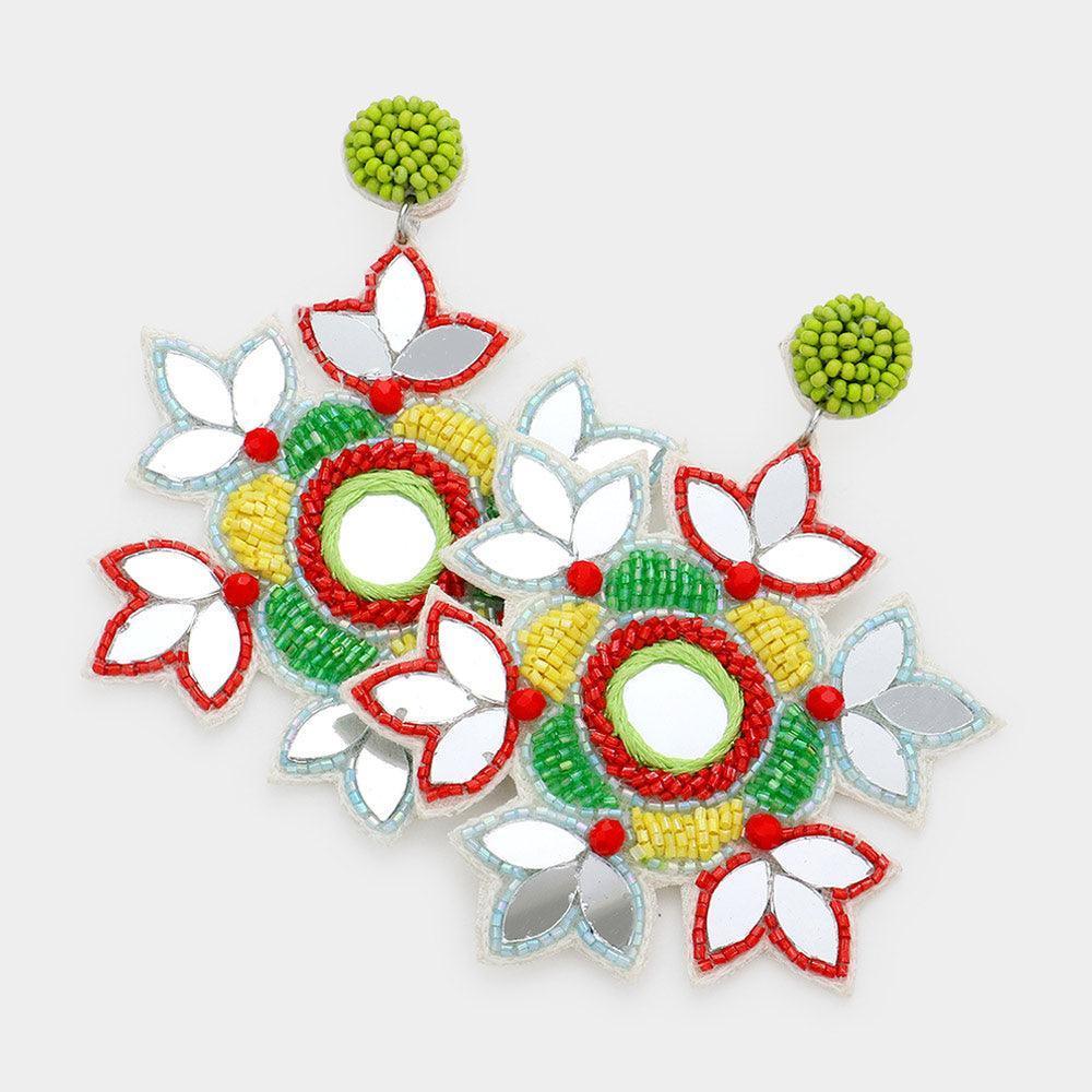 Faux Leather Back Mirror Beaded Floral Dangle Earrings - Jewelry Store by Erik Rayo