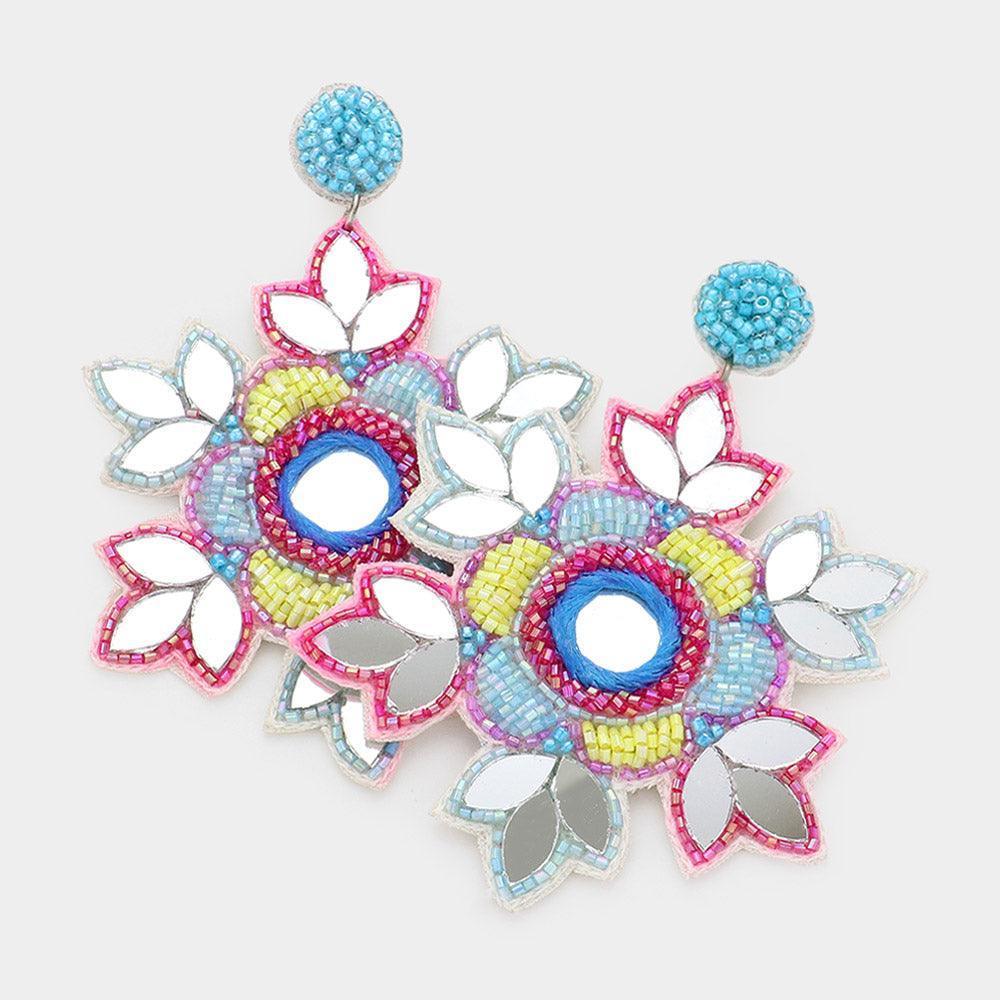 Faux Leather Back Mirror Beaded Floral Dangle Earrings - Jewelry Store by Erik Rayo