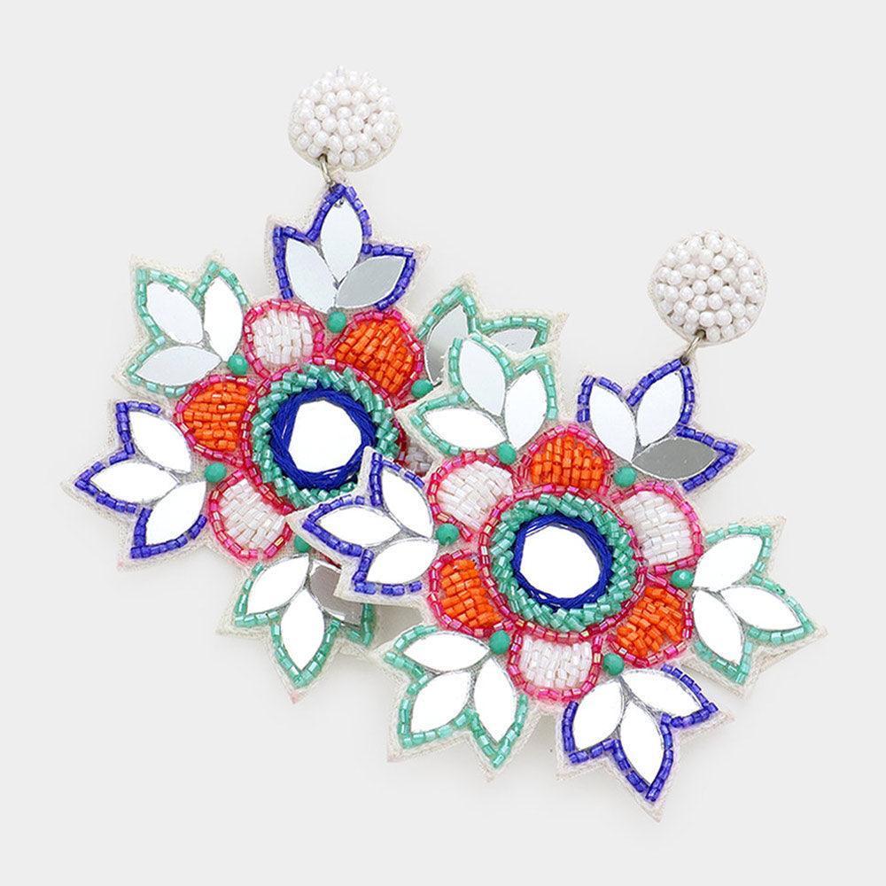 Faux Leather Back Mirror Beaded Floral Dangle Earrings - Jewelry Store by Erik Rayo