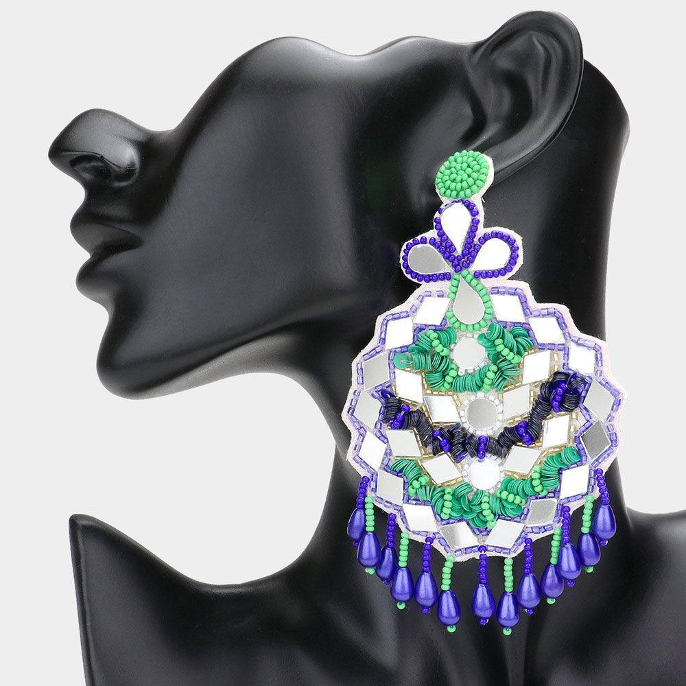 Blue Faux Leather Back Mirror Boho Sequin Seed Beaded Dangle Earrings - Jewelry Store by Erik Rayo