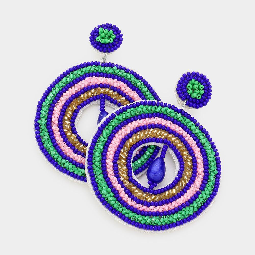 Blue Faux Leather Back Pearl Centered Beaded Open Circle Dangle Earrings - Jewelry Store by Erik Rayo