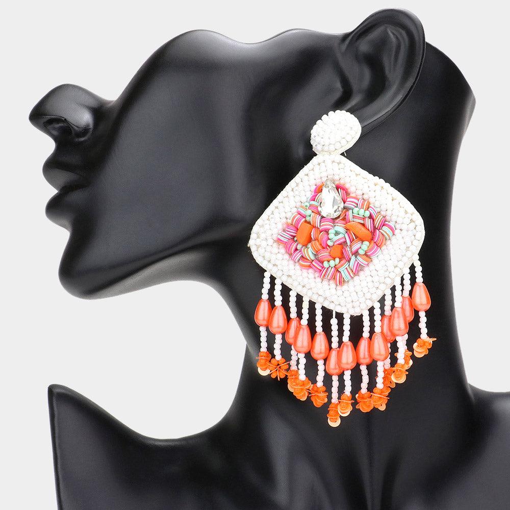 White Faux Leather Back Boho Sequin Seed Beaded Dangle Earrings