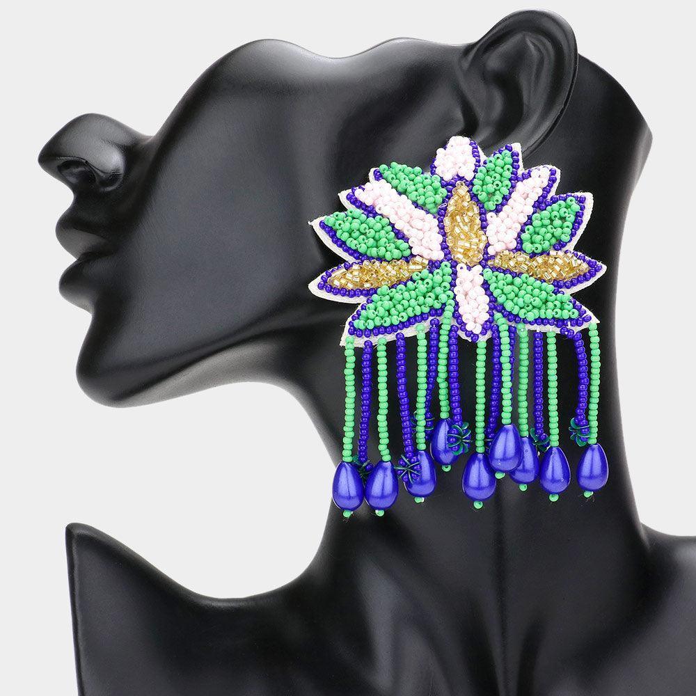 Blue Faux Leather Back Boho Seed Beaded Dangle Earrings - Jewelry Store by Erik Rayo