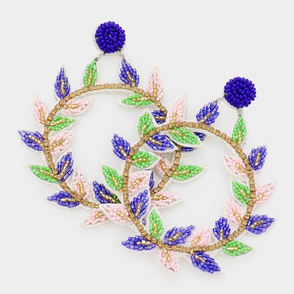 Blue Faux Leather Back Beaded Leaf Cluster Open Circle Dangle Earrings - Jewelry Store by Erik Rayo