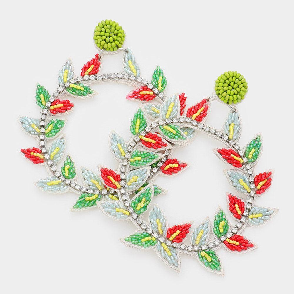 Red Faux Leather Back Beaded Leaf Cluster Open Circle Dangle Earrings - Jewelry Store by Erik Rayo