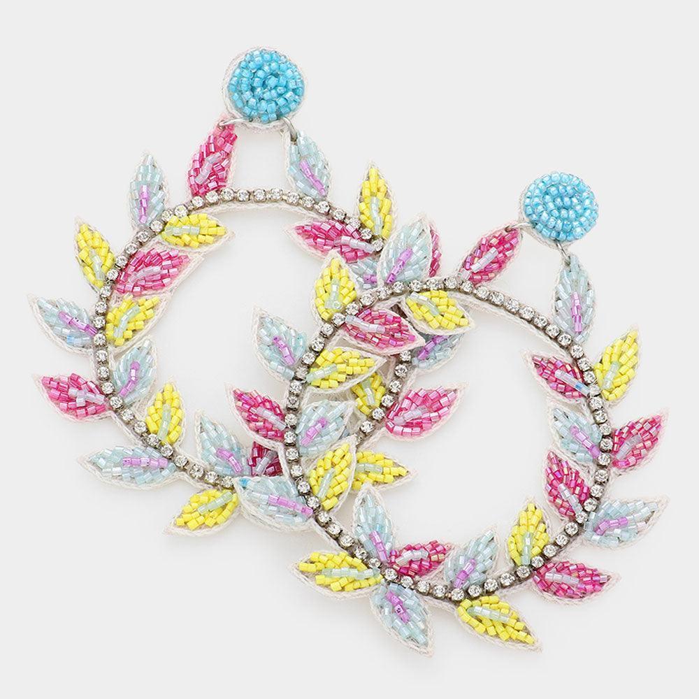 Turquoise Faux Leather Back Beaded Leaf Cluster Open Circle Dangle Earrings - Jewelry Store by Erik Rayo