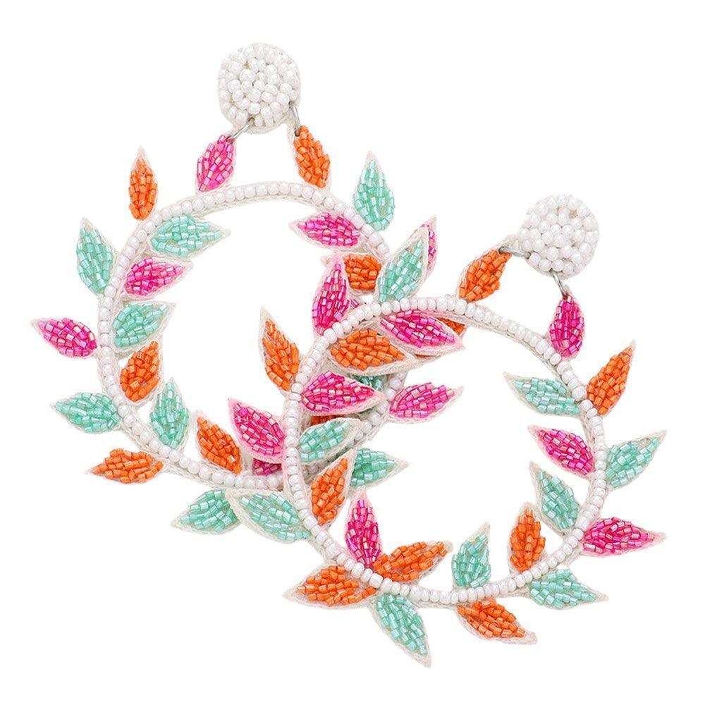 White Faux Leather Back Beaded Leaf Cluster Open Circle Dangle Earrings - Jewelry Store by Erik Rayo