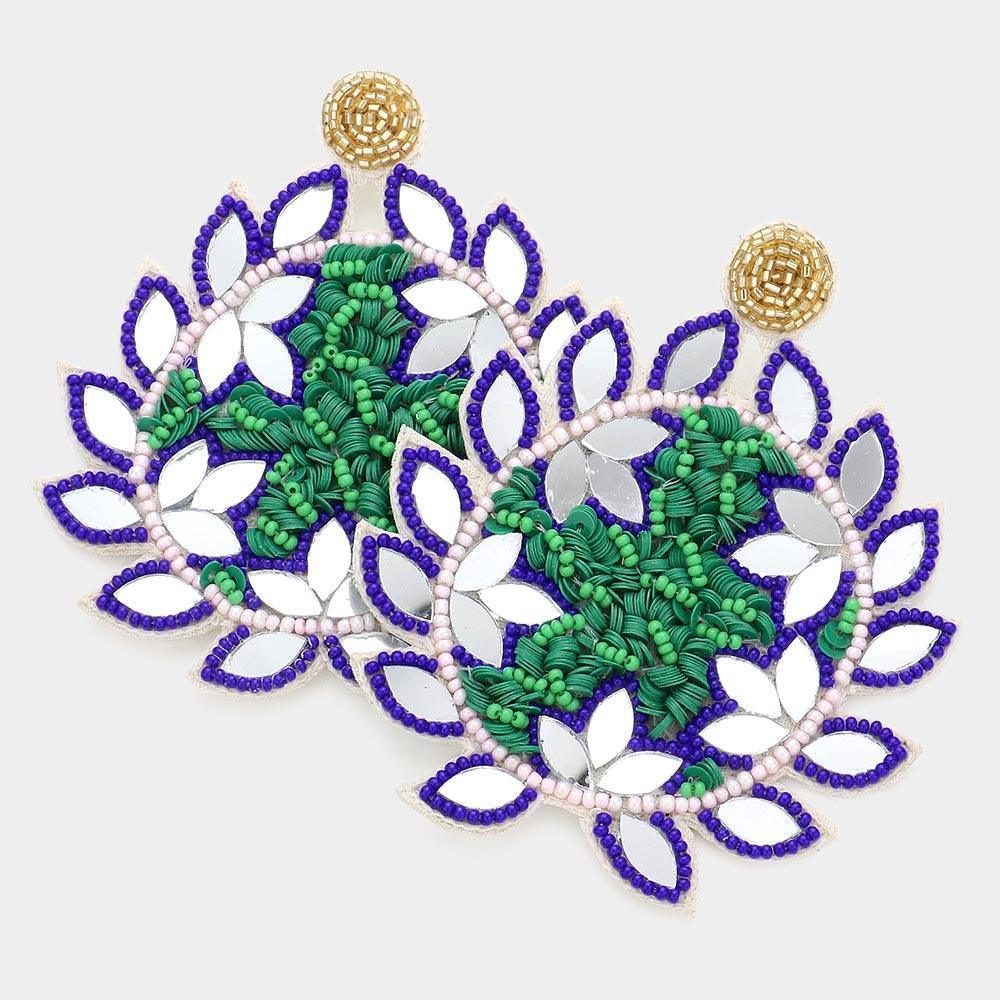 Blue Faux Leather Back Mirror Beaded Floral Dangle Earrings - Jewelry Store by Erik Rayo
