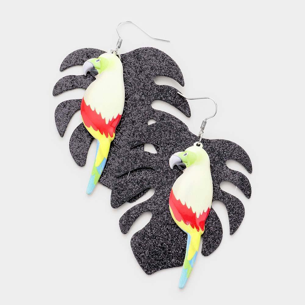 Black Glitter Tropical Leaf Parrot Earrings - Jewelry Store by Erik Rayo