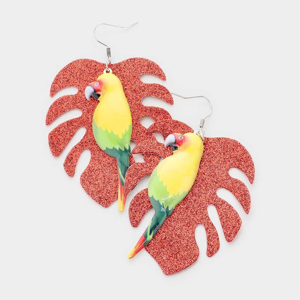 Red Glitter Tropical Leaf Parrot Earrings - Jewelry Store by Erik Rayo
