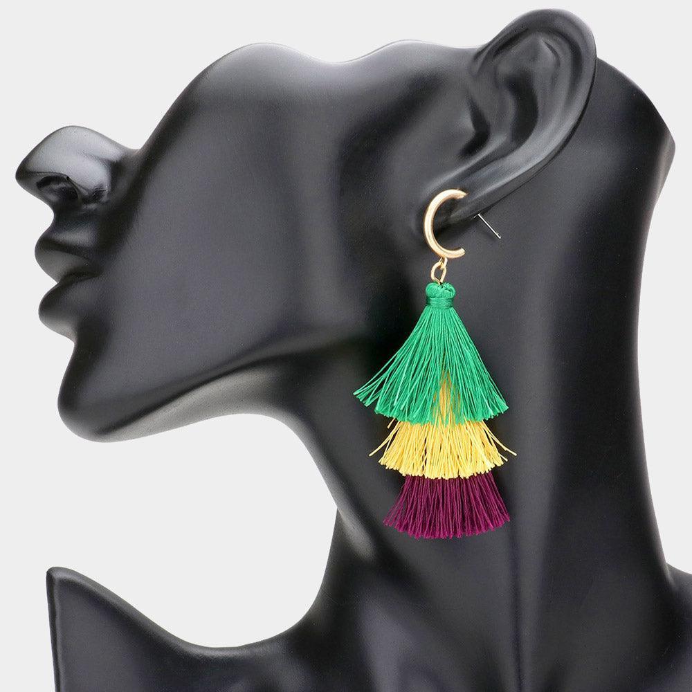 Mardi Gras Metal Hoop Triple Layered Tassel Dangle Earrings - Jewelry Store by Erik Rayo