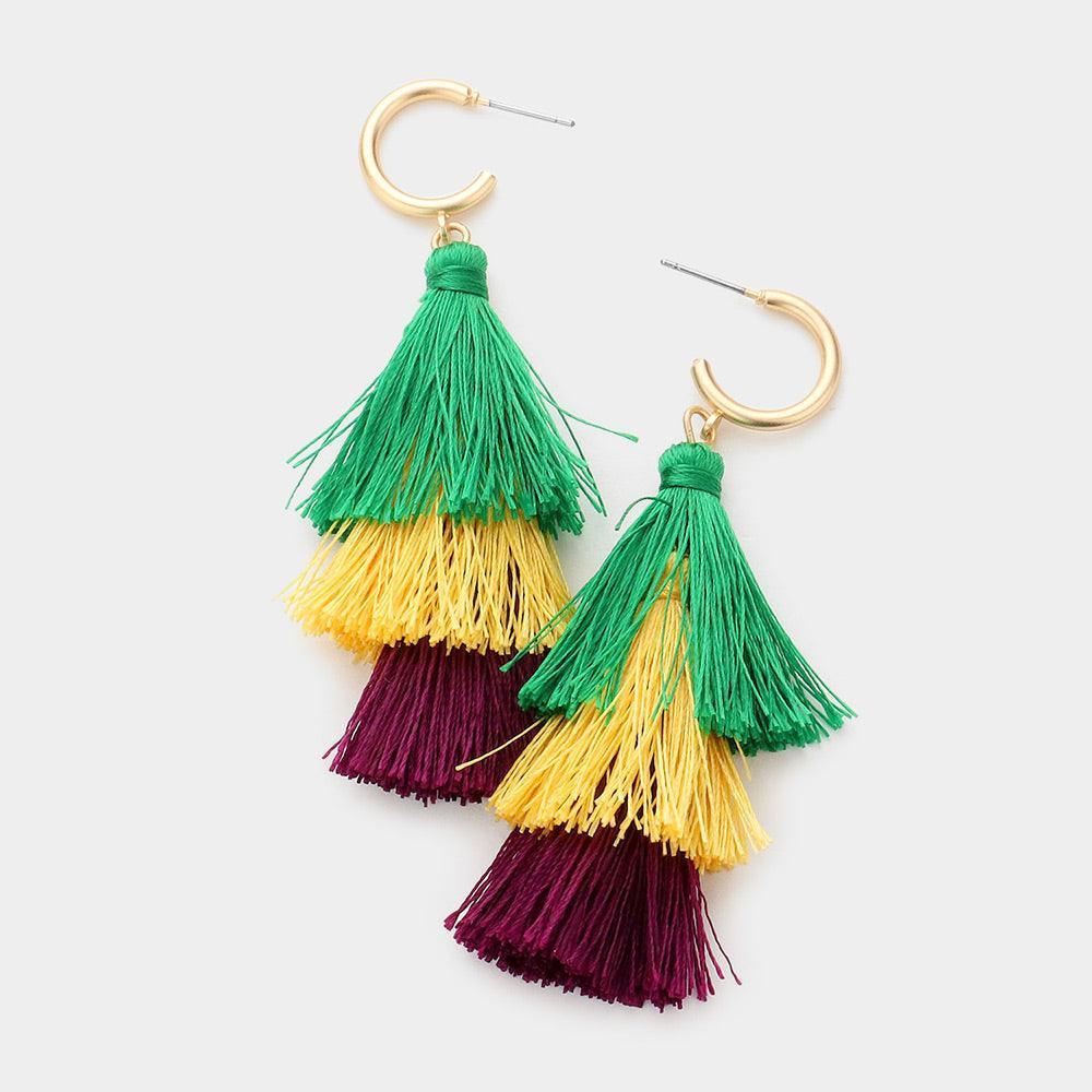 Mardi Gras Metal Hoop Triple Layered Tassel Dangle Earrings - Jewelry Store by Erik Rayo