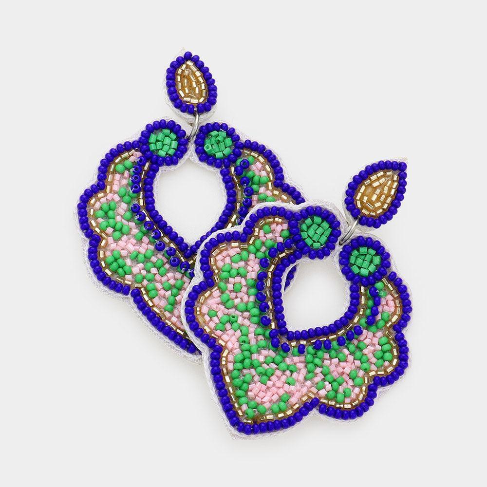 Blue Faux Leather Back Seed Beaded Petal Dangle Earrings - Jewelry Store by Erik Rayo