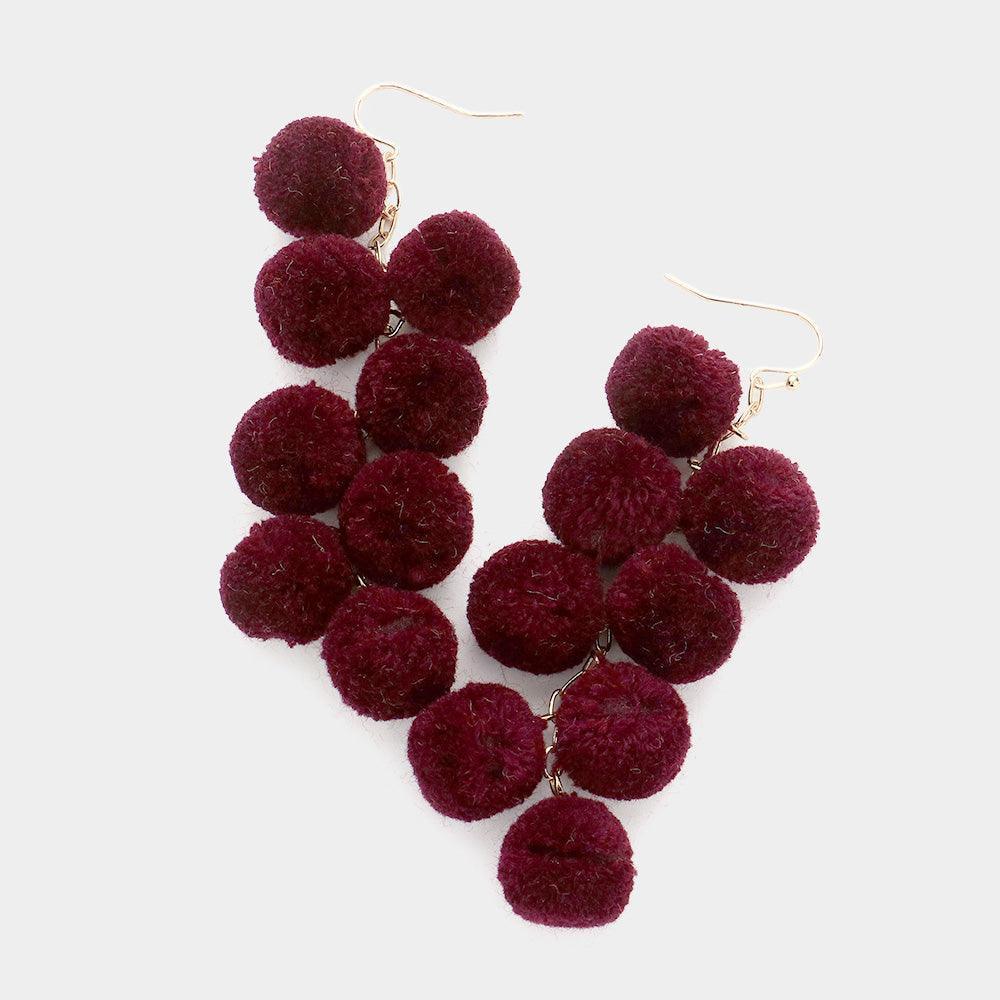Burgundy Pom Pom Cluster Vine Dangle Earrings - Jewelry Store by Erik Rayo