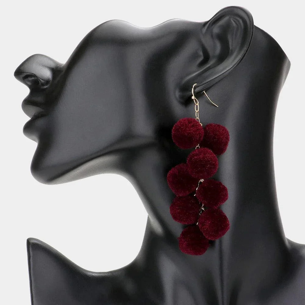Burgundy Pom Pom Cluster Vine Dangle Earrings - Jewelry Store by Erik Rayo