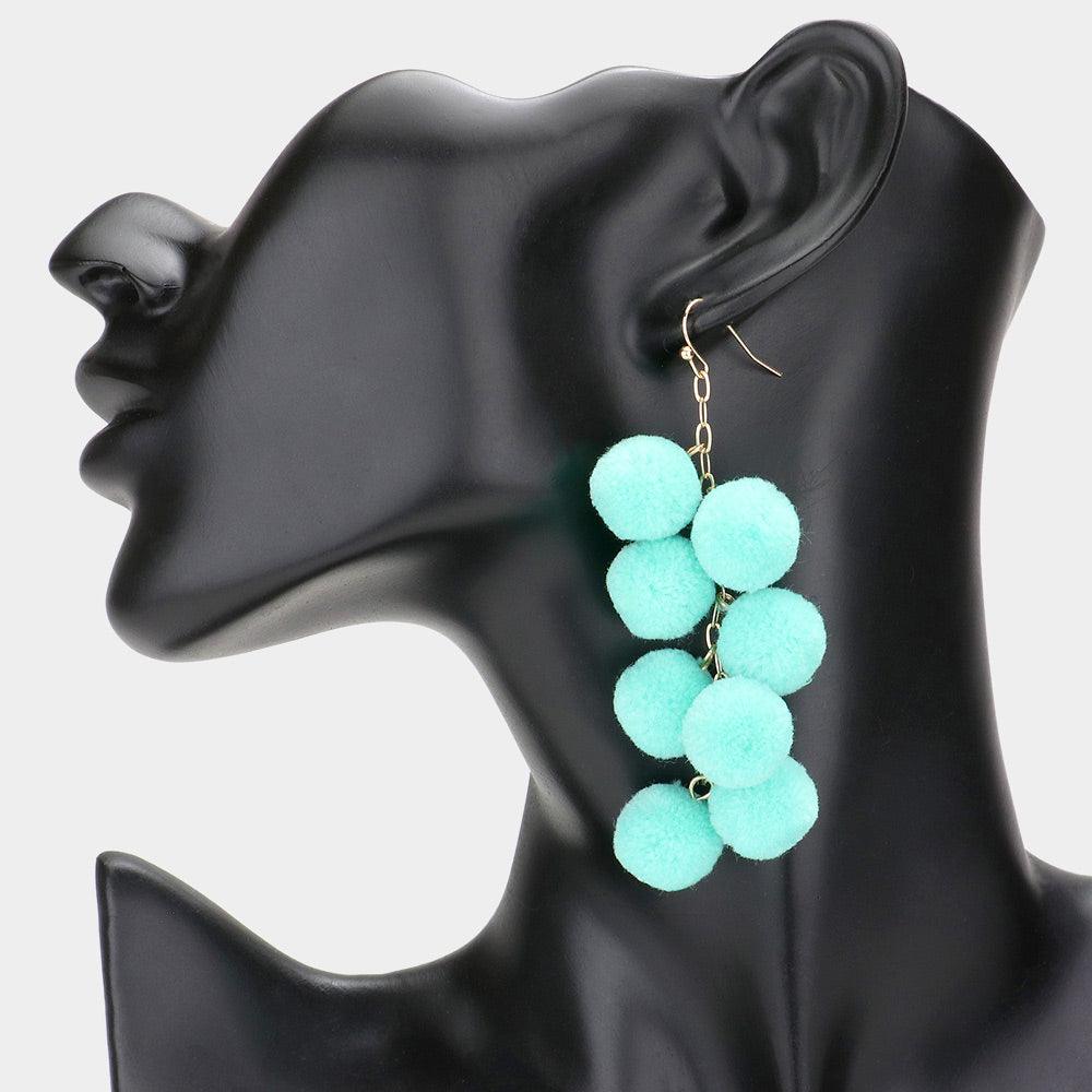 Turquoise Pom Pom Cluster Vine Dangle Earrings