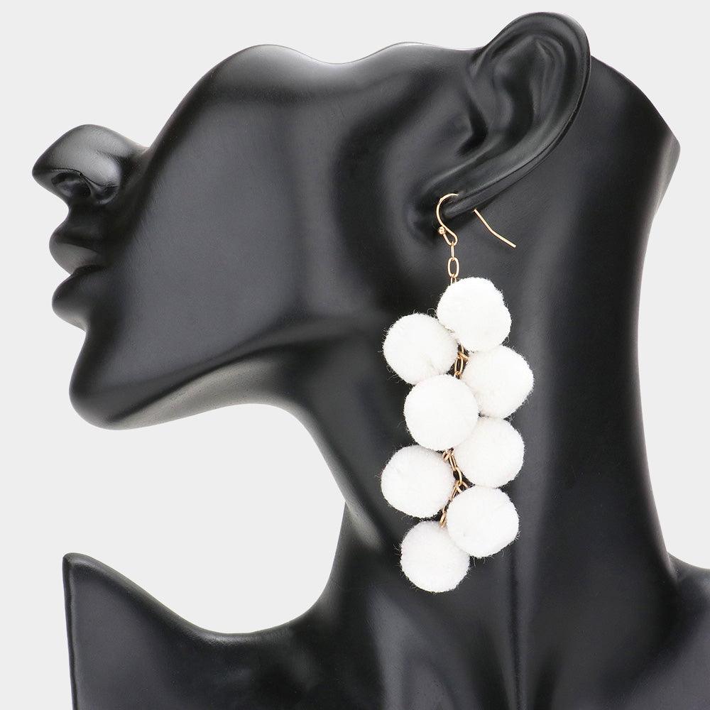 White Pom Pom Cluster Vine Dangle Earrings