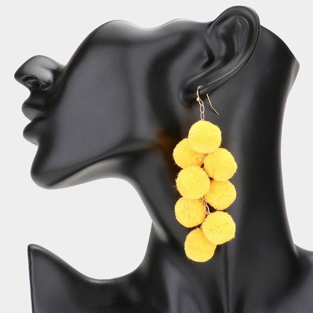 Yellow Pom Pom Cluster Vine Dangle Earrings