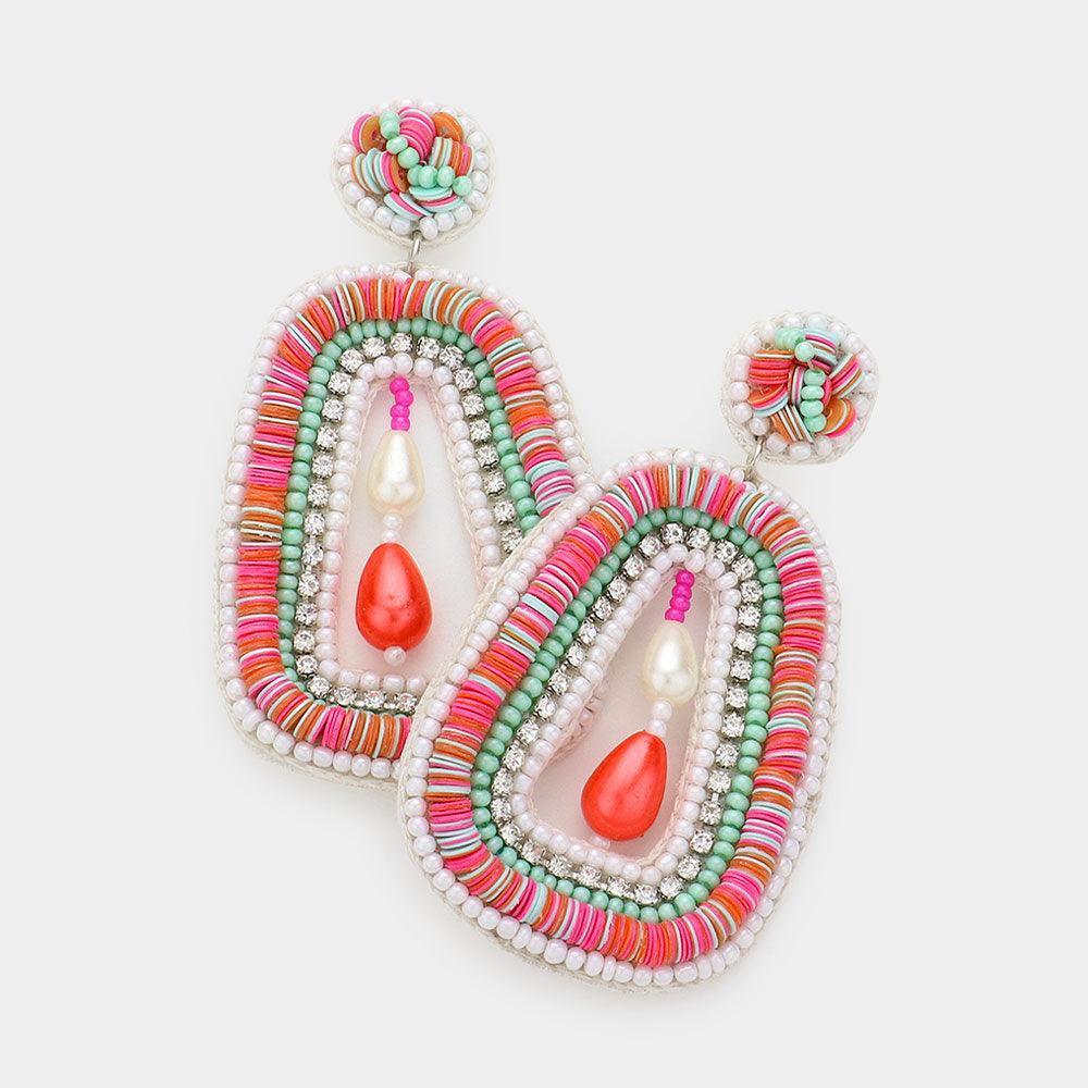 Coral Faux Leather Back Pearl Pointed Heishi Beaded Dangle Earrings - Jewelry Store by Erik Rayo