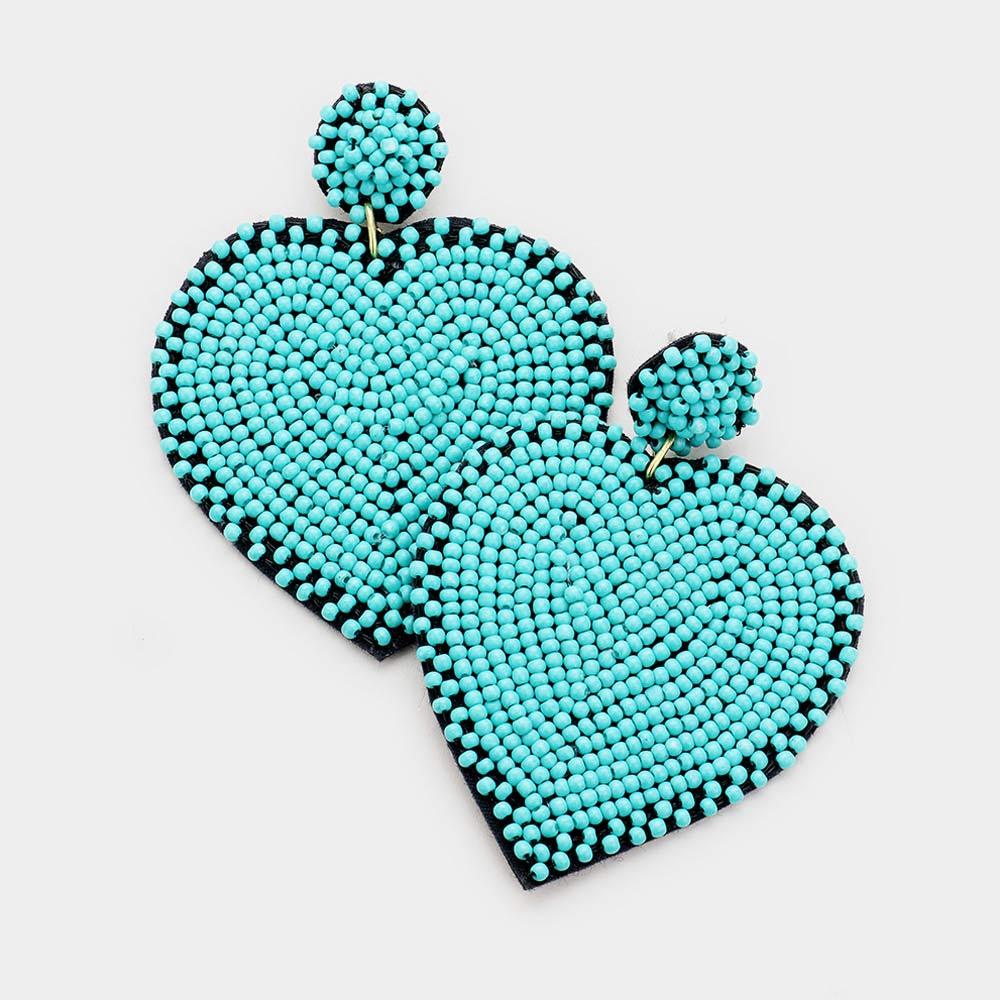 Turquoise Seed Bead Heart Dangle Earrings