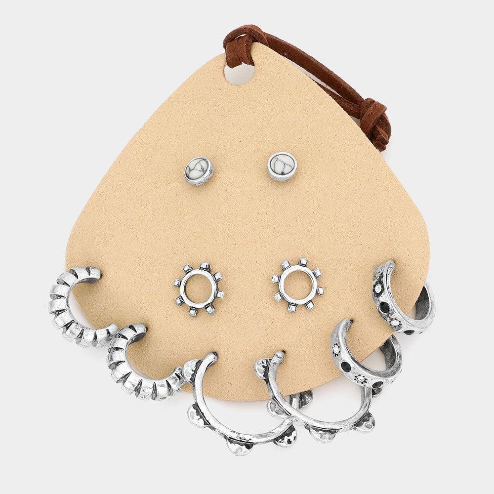 Silver 5Pairs - Boho Natural Stone Hoop Earrings - Jewelry Store by Erik Rayo