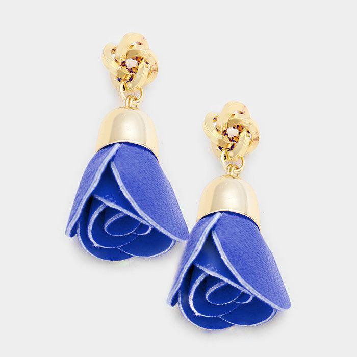 Gold Metal Knot Drop Faux Leather Flower Earrings - Jewelry Store by Erik Rayo