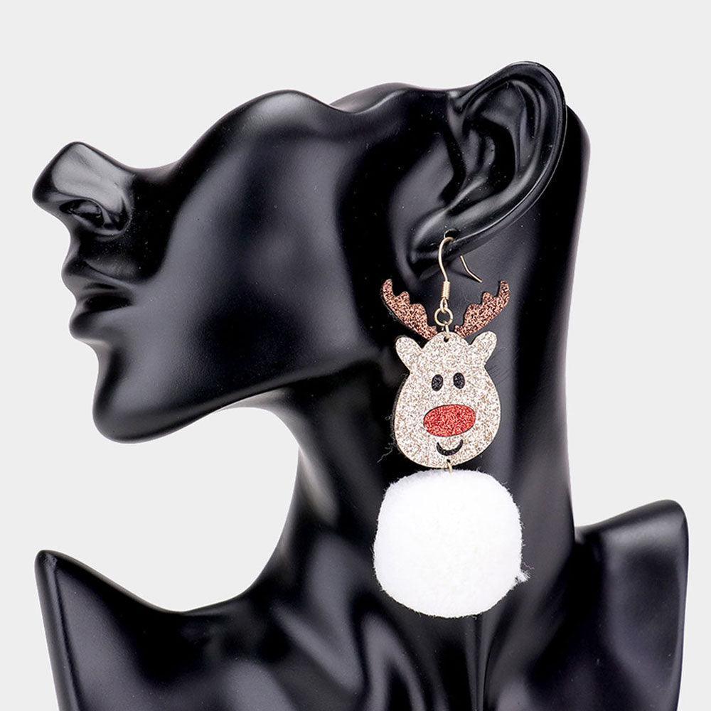 White Bling Glitter Rudolph Pom Pom Dangle Earrings - Jewelry Store by Erik Rayo