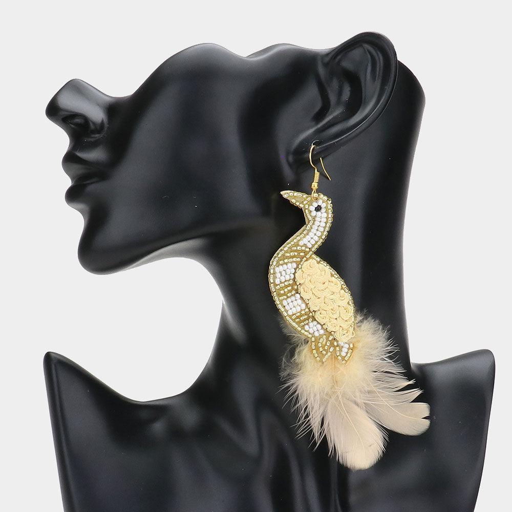 Gold Felt Back Seed Bead Feather Peacock Earrings - Jewelry Store by Erik Rayo