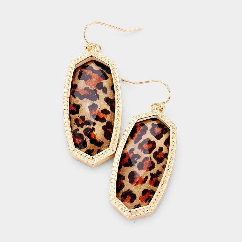 Gold Leopard Hexagon Stone Dangle Earrings - Jewelry Store by Erik Rayo