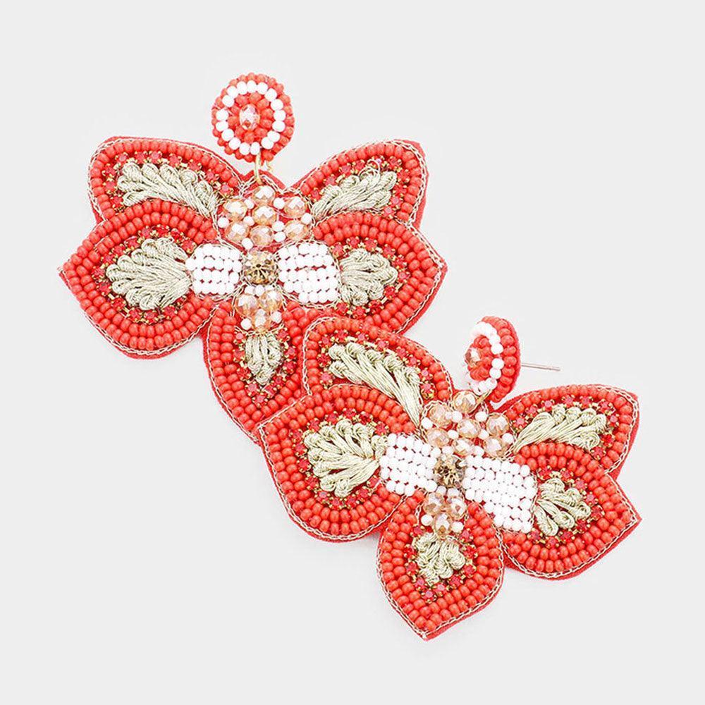 Red Felt Back Multi Bead Orchid Flower Earrings - Jewelry Store by Erik Rayo