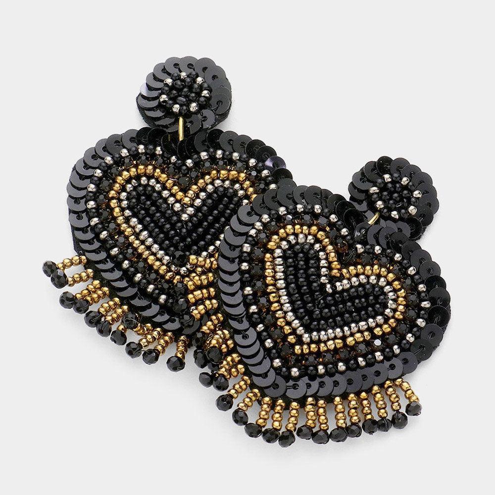 Black Felt Back Seed Bead Sequin Heart Earrings - Jewelry Store by Erik Rayo
