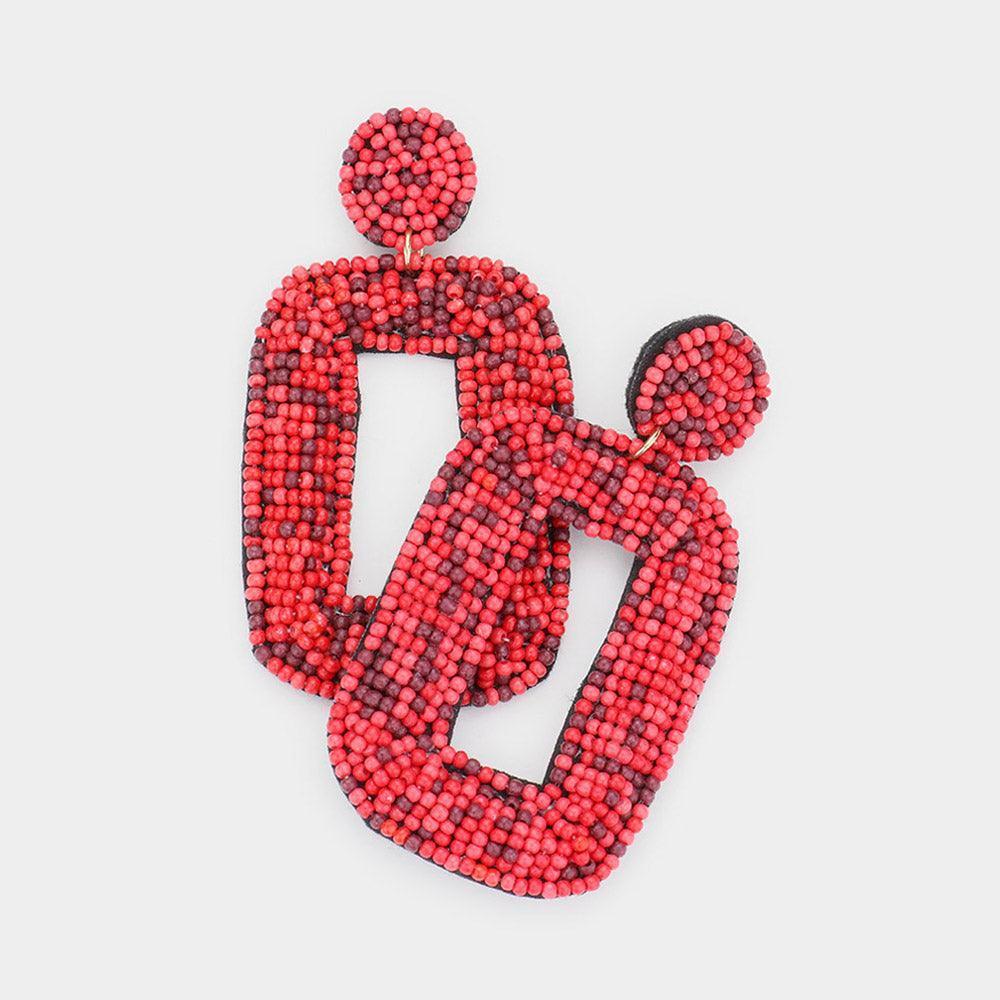 Burgundy Felt Back Seed Beaded Open Rectangle Dangle Earring - Jewelry Store by Erik Rayo