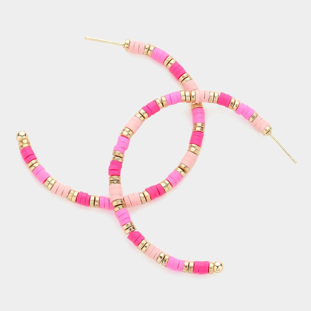 Pink Heishi Beaded Half Hoop Earrings