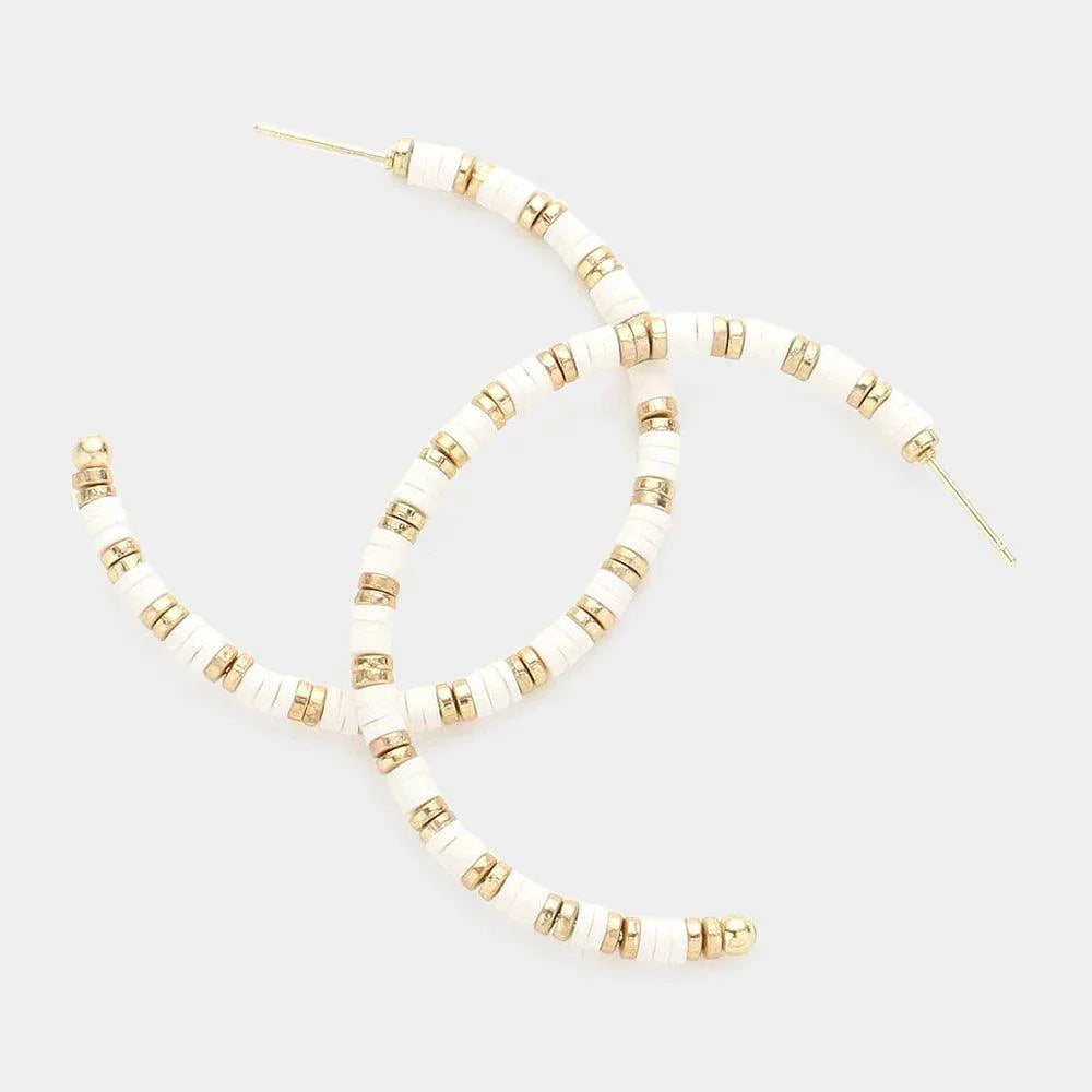 White Heishi Beaded Half Hoop Earrings - Jewelry Store by Erik Rayo