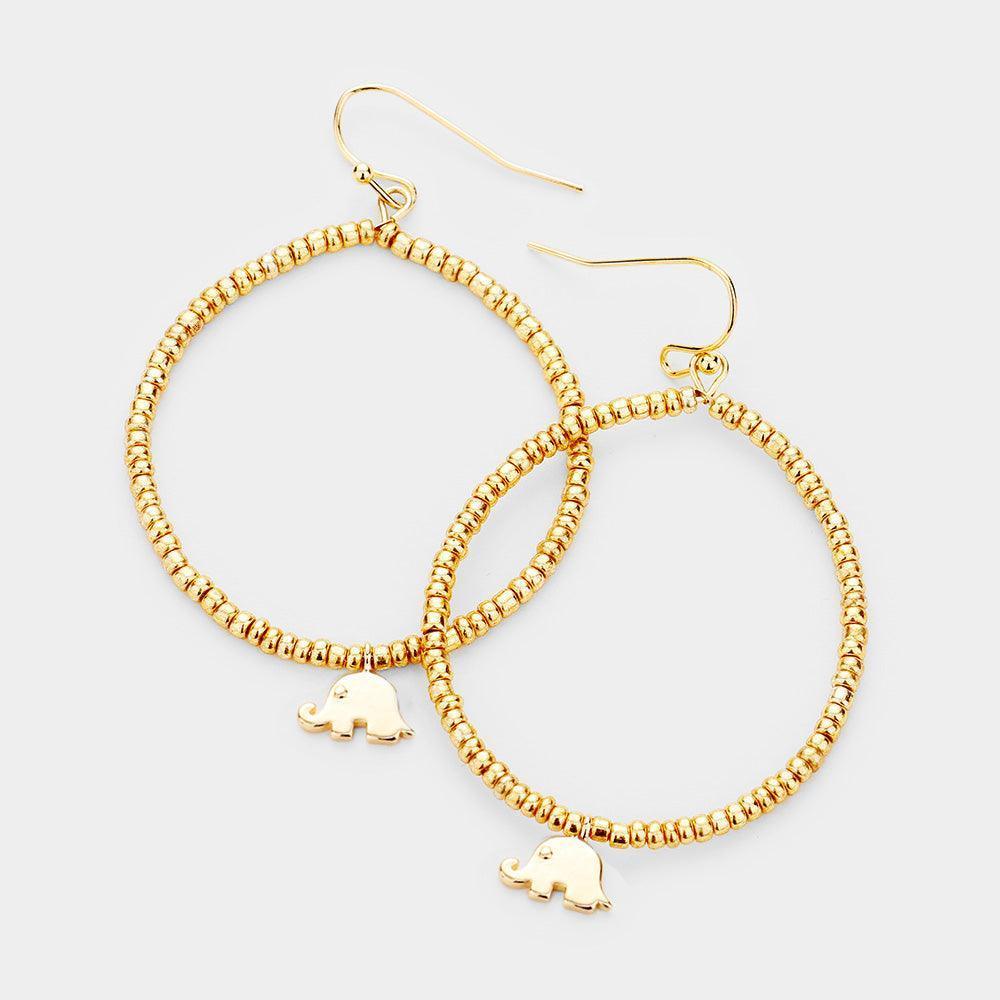 Gold Beaded Open Circle Elephant Dangle Earrings - Jewelry Store by Erik Rayo