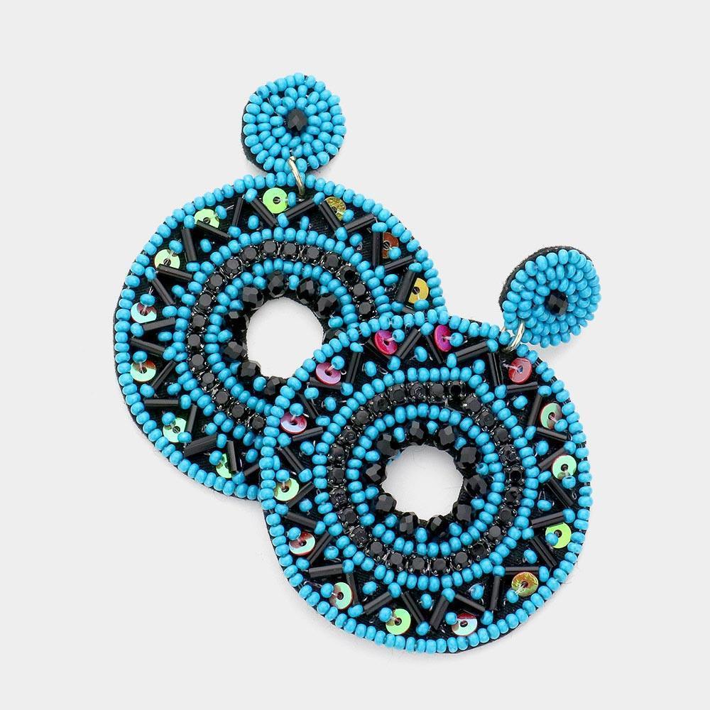 Blue Boho Sequin Multi Beaded Open Circle Dangle Earrings - Jewelry Store by Erik Rayo