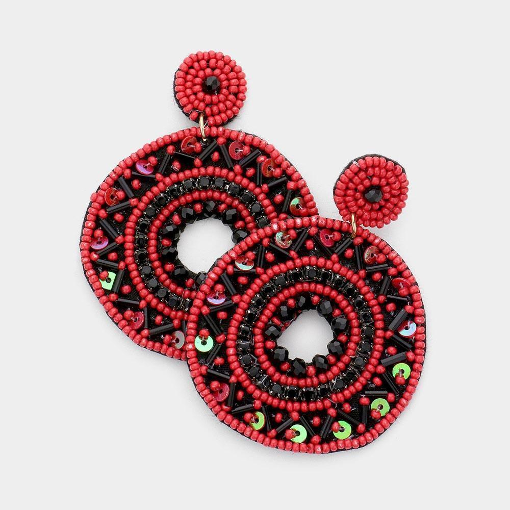 Red Boho Sequin Multi Beaded Open Circle Dangle Earrings - Jewelry Store by Erik Rayo