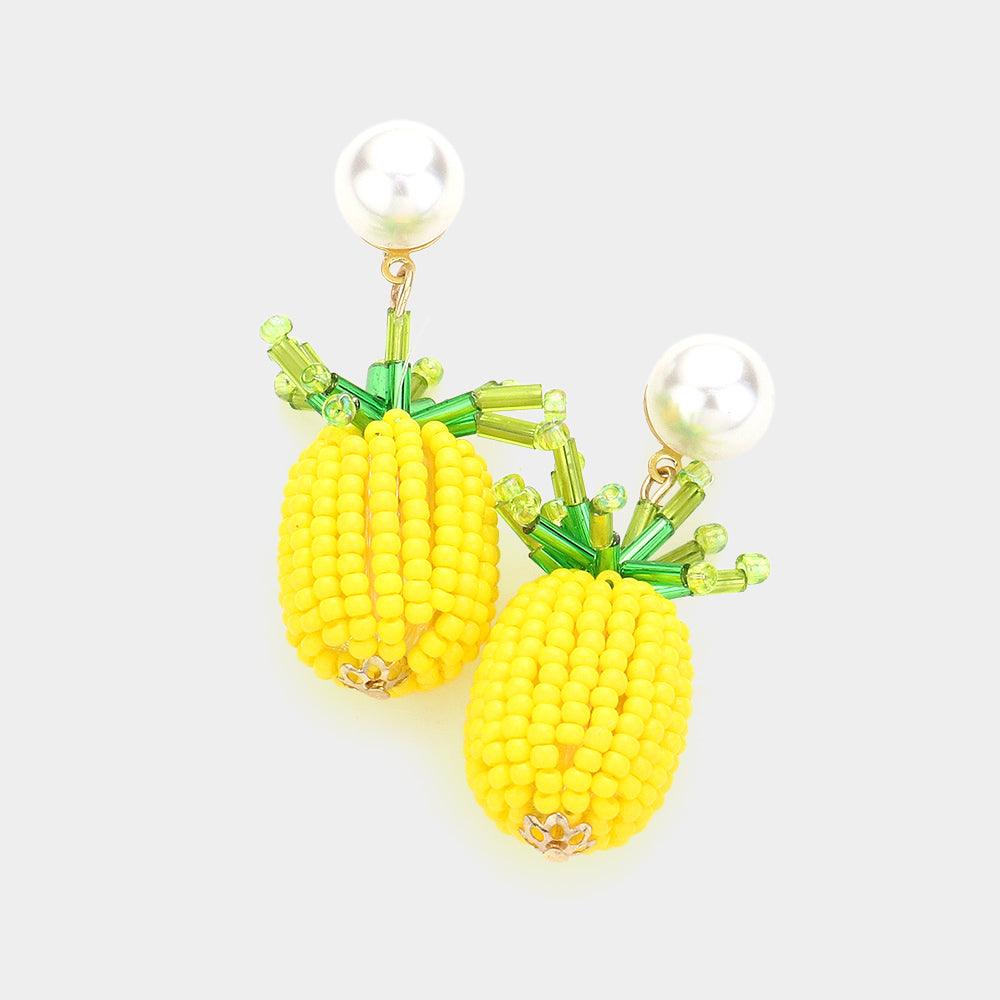 Yellow Pineapple Beaded Dangle Earrings