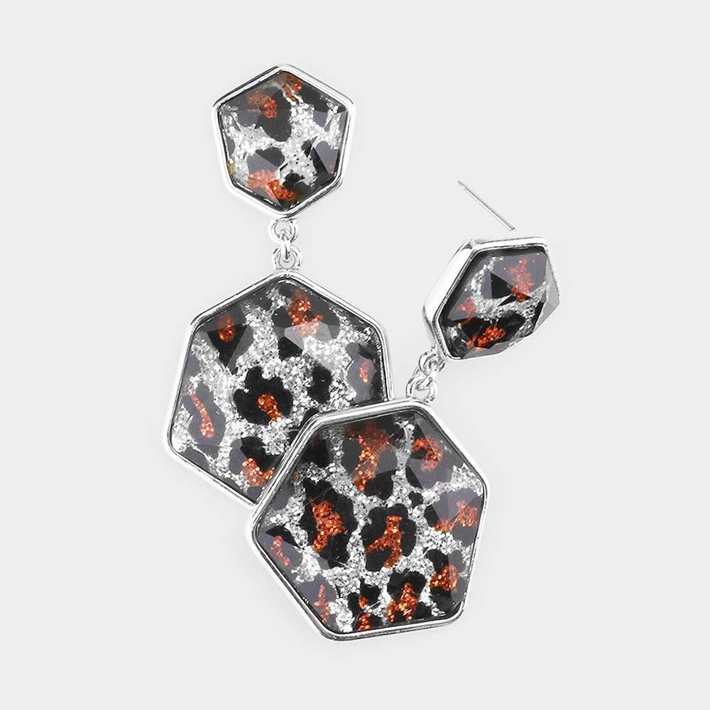 Glitter Leopard Double Hexagon Bead Link Earrings - Jewelry Store by Erik Rayo