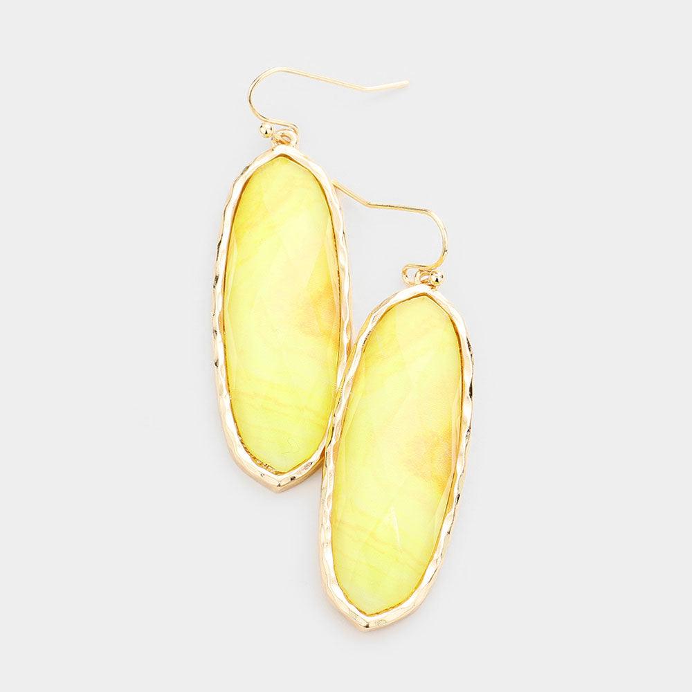 Yellow Metal Trim Abstract Pattern Print Dangle Earrings