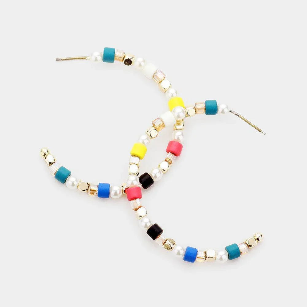 White Colorful Bead Pearl Hoop Earrings - Jewelry Store by Erik Rayo