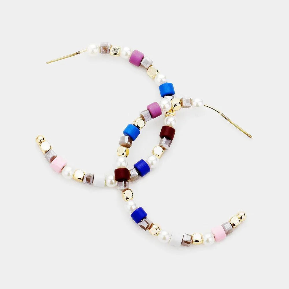 White Colorful Bead Pearl Hoop Earrings - Jewelry Store by Erik Rayo