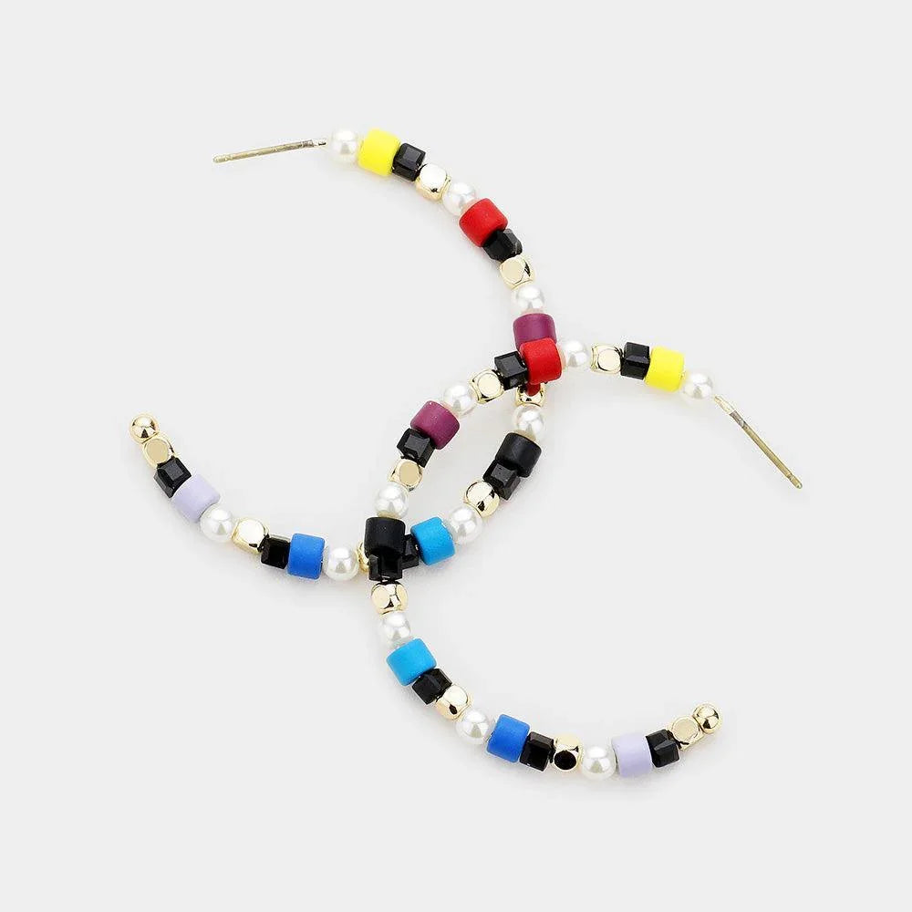 White Colorful Bead Pearl Hoop Earrings - Jewelry Store by Erik Rayo