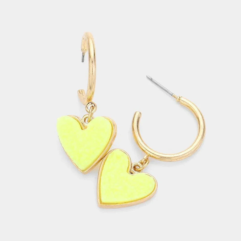 Yellow Metal Half Hoop Druzy Heart Dangle Earrings - Jewelry Store by Erik Rayo