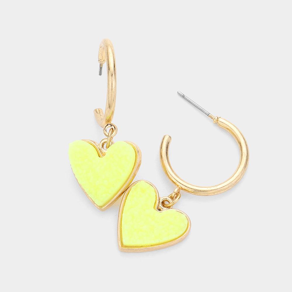 Yellow Metal Half Hoop Druzy Heart Dangle Earrings