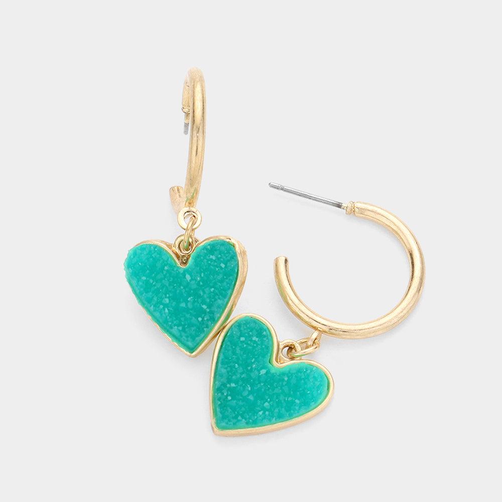 Turquoise Metal Half Hoop Druzy Heart Dangle Earrings