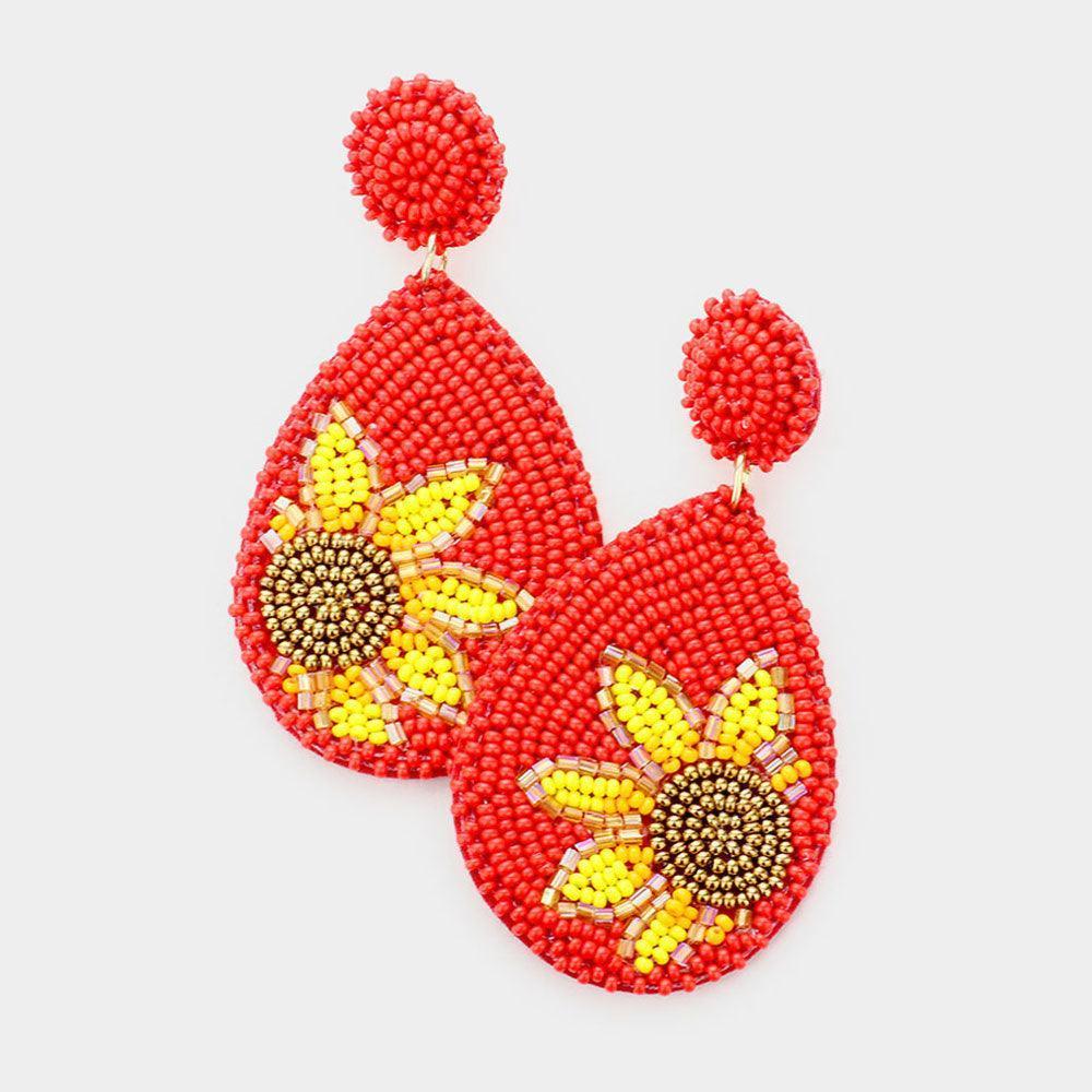 Red Seed Bead Sunflower Accented Teardrop Earrings - Jewelry Store by Erik Rayo