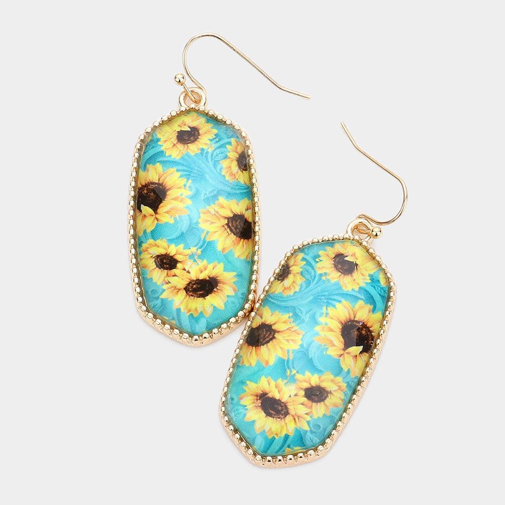 Turquoise Sunflower Printed Hexagon Dangle Earrings - Jewelry Store by Erik Rayo
