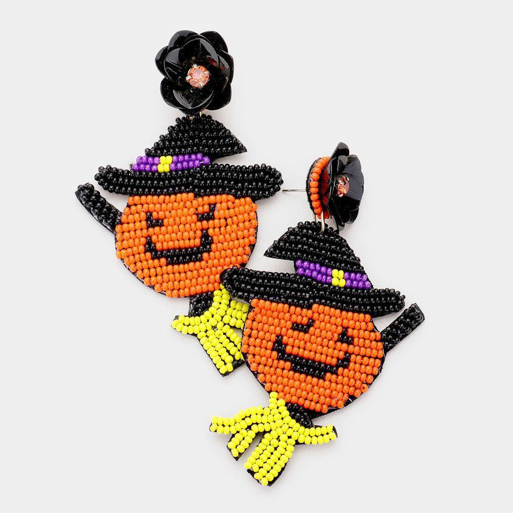 Orange Flower Seed Bead Pumpkin Witch Earrings - Jewelry Store by Erik Rayo