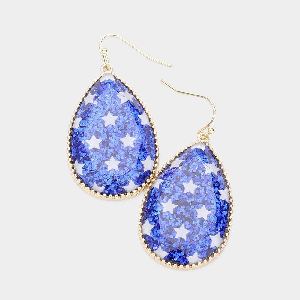Blue Glitter Star Pattern Teardrop Dangle Earrings - Jewelry Store by Erik Rayo